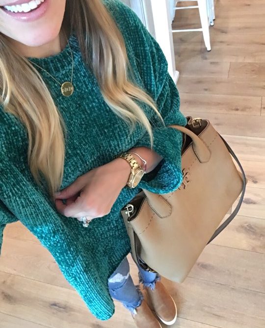 Emerald sweater + Suede Sneakers